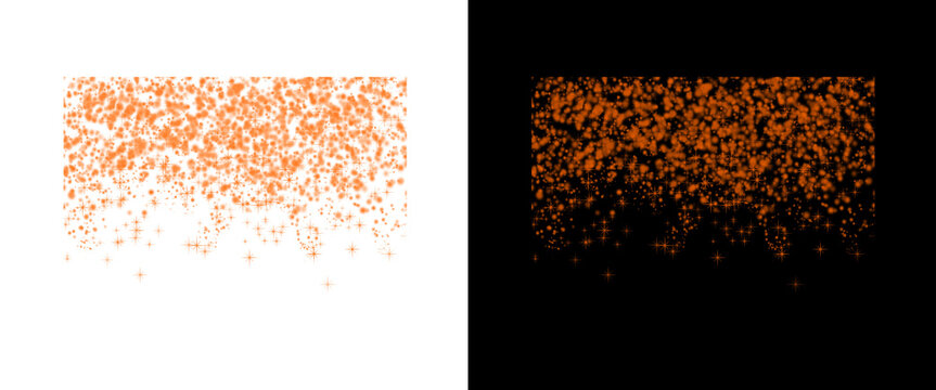 Orange glitter dust falling on white and black backgrounds, sparkling copper confetti particles, shimmering metallic texture for festive holiday design