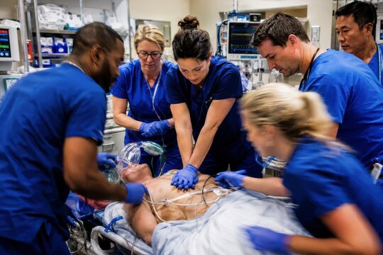 Emergency room medical team performing cardiopulmonary resuscitation on patient in hospital intensive care unit