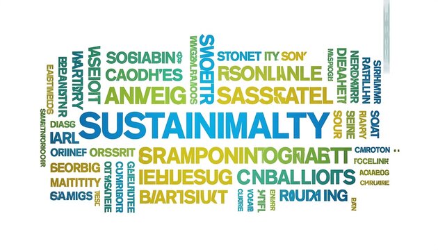 Colorful Sustainability Word Cloud on White Background.