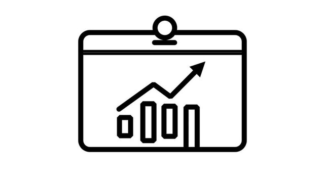 Animated Corporate Presentation Screen Icon. Animated flipchart board with upward arrow graph representing corporate business presentation financial data training and market sales report.