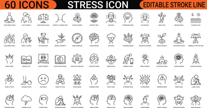 Stress management depression line art icons set, mental healthcare, meditation yoga, anxiety headache, low energy battery, brain overload, web icon, app icon, outline icon, vector EPS design