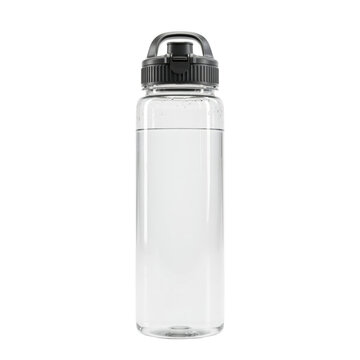 A clear plastic reusable water bottle with a black screw-top lid and handle, filled with fresh water, isolated on a white background view