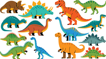 Dinosaur characters flat vector illustration set. Fourteen distinct colorful prehistoric dinosaurs like tyrannosaurus, triceratops, stegosaurus and brachiosaurus form an ancient wildlife collection. © IVY QUEEN