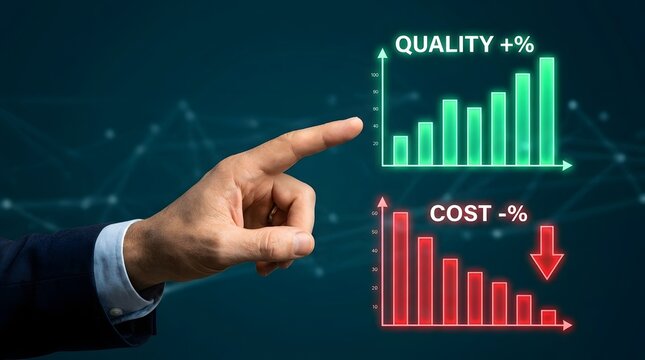 Business growth concept with a hand pointing to rising quality and decreasing costs represented by bar graphs on a dark teal background