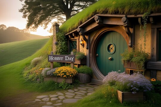 Charming earth sheltered hobbit house with a round green door nestled into a lush grassy hill