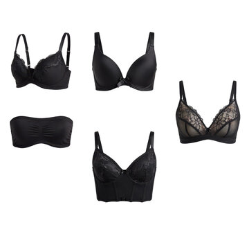 A collection of five different black bras displayed on a white background, featuring various styles including lace, strapless, and push-up