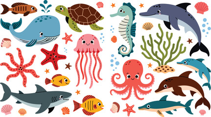 Fototapeta premium Marine wildlife flat vector illustration bundle. Shark, whale, sea turtle, jellyfish, seahorse, octopus, dolphin, starfish and colorful reef fish build a crowded underwater collection.