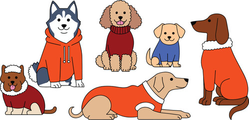 Winter dogs flat vector illustration kit. Cozy cartoon puppies wearing colorful warm clothes like hoodies, sweaters, and jackets sit together in a charming autumn collection. © IVY QUEEN