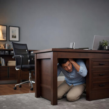emergency safety drill person taking cover under sturdy wooden desk in modern home office protective action urgency caution shallow depth of field copy space