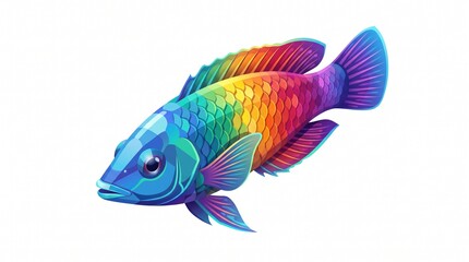 Fototapeta premium Vibrant cartoon fish with rainbow gradient scales. Colors shift from blue to green, yellow, orange, red, then purple across its body and fins.