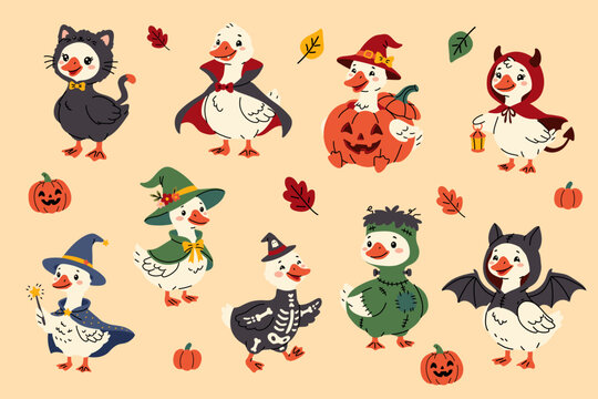Funny Geese in Halloween Costumes Clipart Set