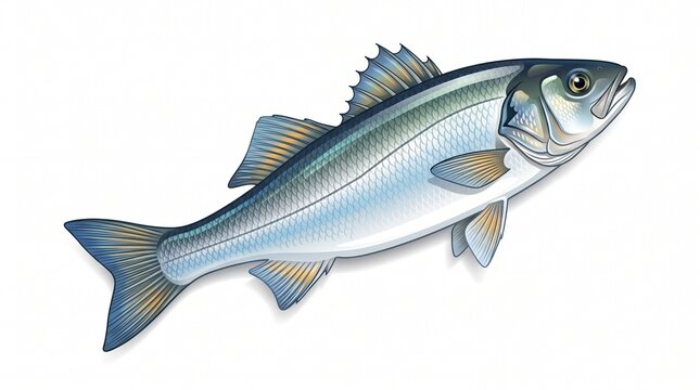 Cartoon sea bass with silver and blue-green body and white belly. Detailed scales, spiky dorsal fin, and fins edged with orange and blue.