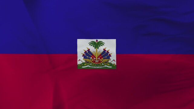 Haiti National Flag with Coat of Arms on Wrinkled Fabric