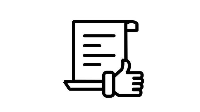 Document Recommendation and Positive Thumbs Up Animated Icon. Corporate animation icon featuring contract sheet document with thumbs up symbol, conceptualizing approved license, legal agreemen.