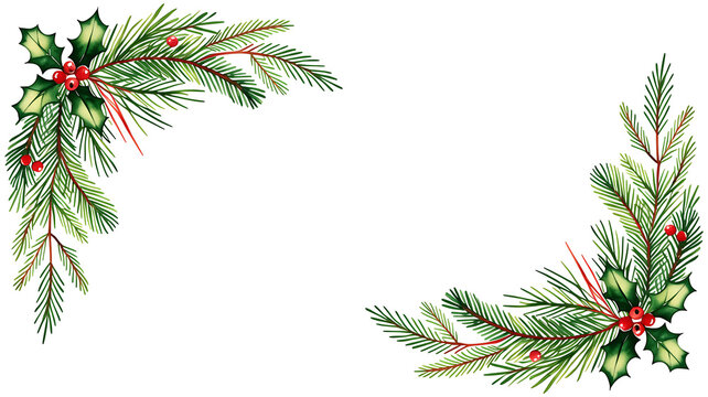 Christmas pine branches and holly berries in corner borders