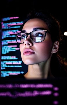Focused female programmer analyzing software code on a digital screen display