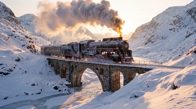 Vintage steam locomotive travels across a stone bridge through a majestic snowy mountain landscape during a beautiful golden sunset hour
