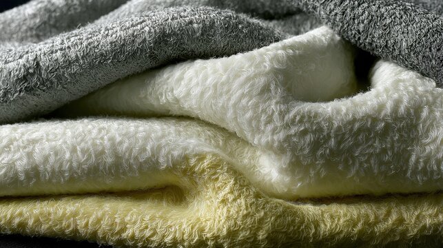 Layered folded soft fluffy terry cloth towel in neutral gray creamy white and pale yellow with beautiful visible texture in close view