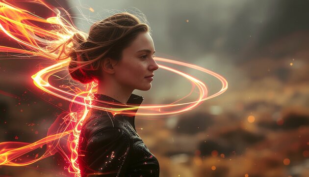 Woman with glowing energy rings in her hands.