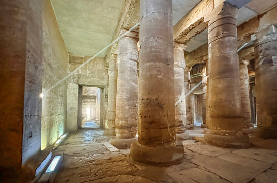 Beautiful interiors and ancient hieroglyphs in the Temple of Seti I in Abydos, Egypt.