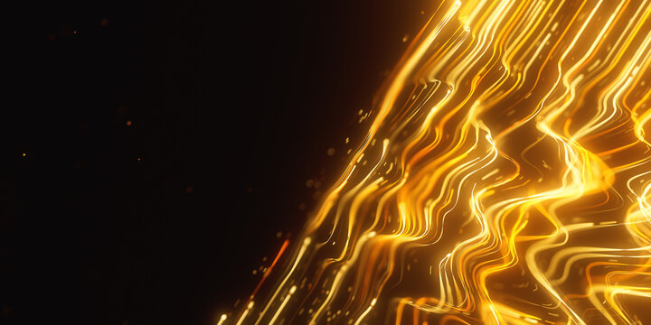 Golden oscillating light trail in abstract 3D quantum data visualization with magic particles.
