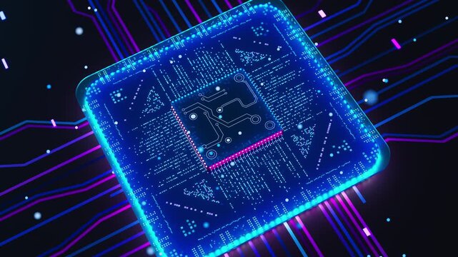 High-tech glowing chip surrounded by electronic circuits, ideal for themes of artificial intelligence, quantum computing, and cyber technology.