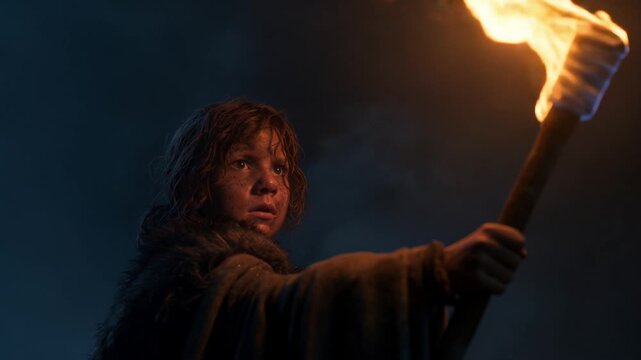 Young medieval girl holding a flaming torch in the dark night. Brave child explorer in ragged clothes illuminating the path with fire. Historical fantasy survival and adventure concept