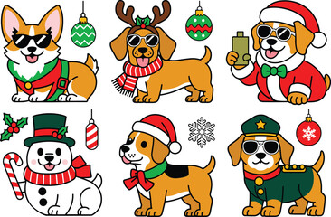 Fototapeta premium Christmas dog collection with cute cartoon corgi beagle dachshund wearing santa hat and winter scarf