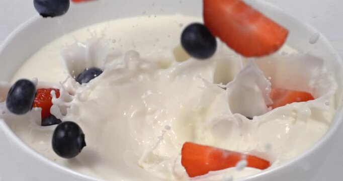 Strawberry slices raspberries and blueberries falling into milk in slow motion