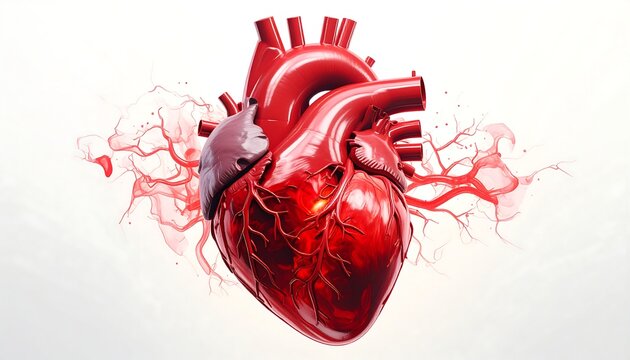 Realistic 3D anatomical illustration of the human heart demonstrating blood circulation through the atria, ventricles, and cardiac valves for medical education.