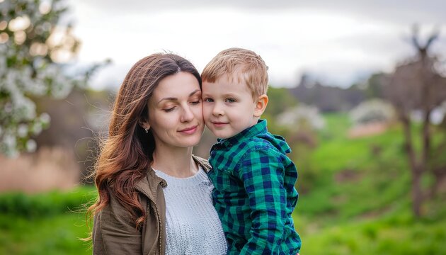 Mother and Son Embrace in Blooming Orchard.