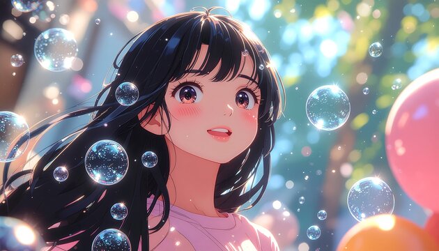 Young Woman Surrounded by Bubbles in Nature.