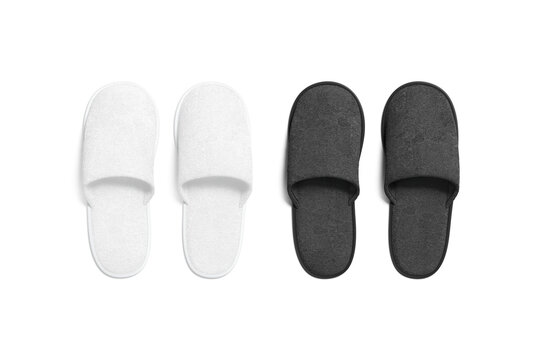 Blank black and white home slippers mockup png, transparent background, 3d rendering. Empty cozy wool slipshoe for hotel or house wear mock up cut out. Clear fluffy footwear for domestic template.