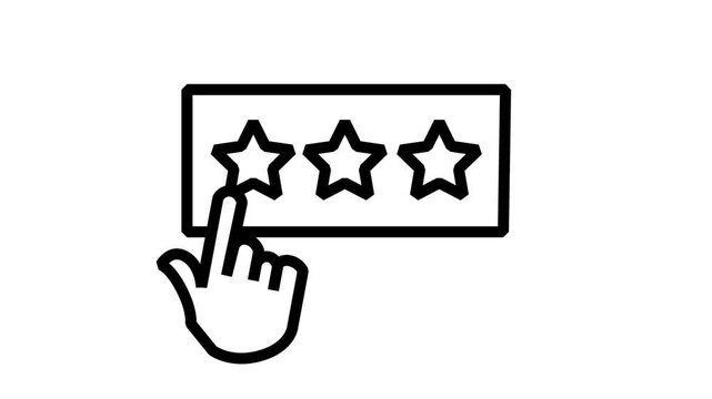 Customer Rating Selection Star Feedback Questionnaire Animated Icon. Linear animated icon showing finger clicking on three star bar representing digital customer experience ranking