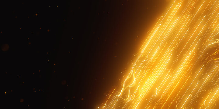 Golden distorted light wave in abstract 3D data visualization. Magic quantum energy particles.