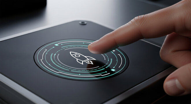 Futuristic rocket launch button on digital interface, finger pressing glowing startup icon, business innovation and project takeoff concept