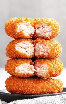 Stacking crispy fried chicken nuggets on a plate with a rustic textured background