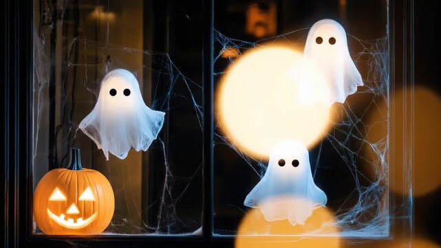 Spooky ghosts and pumpkin lantern in a webbed halloween window scene