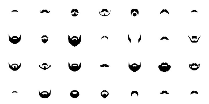 Beards and Mustaches in Various Styles and Shapes, Black and White Vector Illustrations Featuring Beard, Mustache, Facial Hair