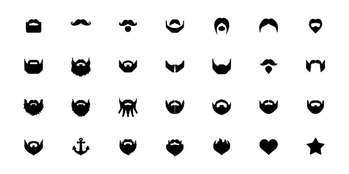 Beards and Mustaches in Various Styles and Designs Featuring Facial Hair, Icons, Vector with Illustration and Black Elements