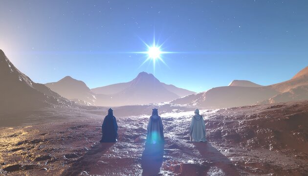 Three Figures Walking in a Snowy Mountain Landscape.