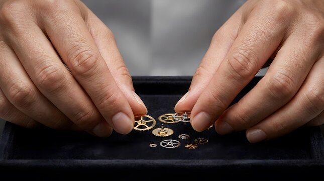 Watchmaker hands working with tiny clockwork gear components.