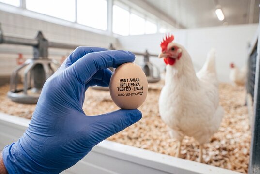 A gloved hand holding a chicken egg labeled as h5n1 avian influenza tested negative in a poultry farm