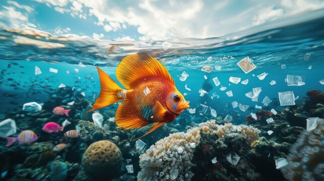 Orange fish swims in polluted ocean with plastic debris near coral reef.