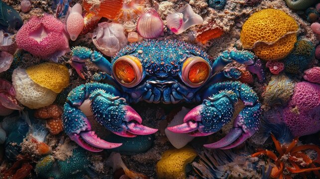 Vibrant blue crab amidst colorful sea glass and coral.