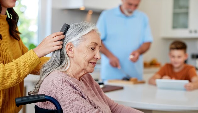 Elderly woman receiving care in family kitchen setting.