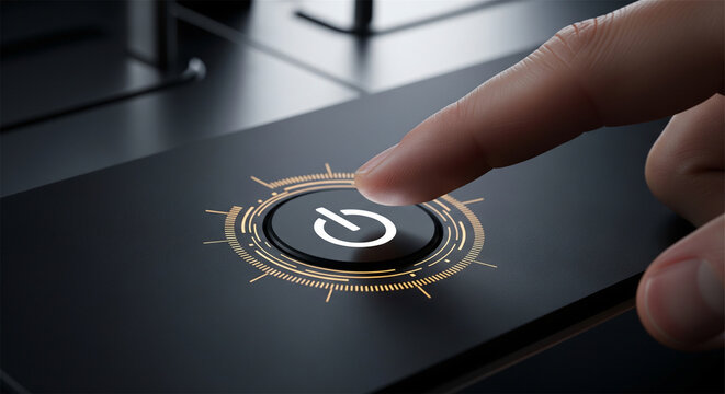 Futuristic power button on sleek black interface, finger pressing glowing start switch, modern technology activation concept