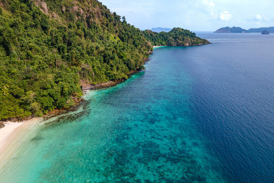 Aerial view of tropical beach landscape at Nyaung Oo Phee island in the Mergui Archipelago, Burma. Beautiful seascape of Andaman sea in Myanmar.