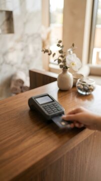 Customer paying with a credit card at a modern boutique store counter. blurry business image background