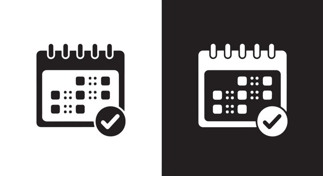 Calendar checkmark approval vector icon set flat design: Clipart, sticker - icon set - Line and glyph solid icon and logo template 